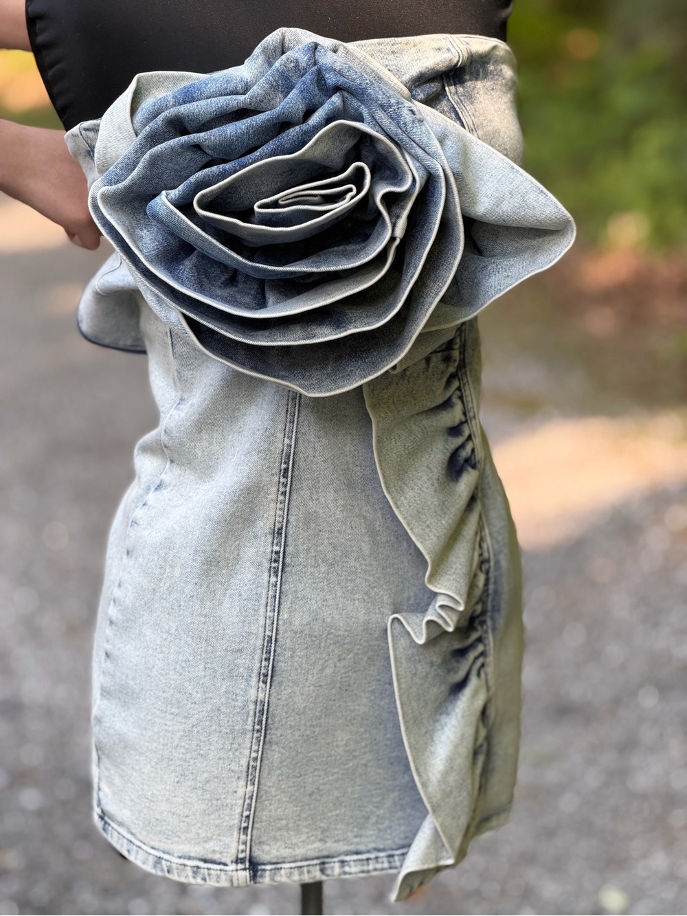 Forever 21 Light Wash Denim Mini Dress with Oversized Rose Detail